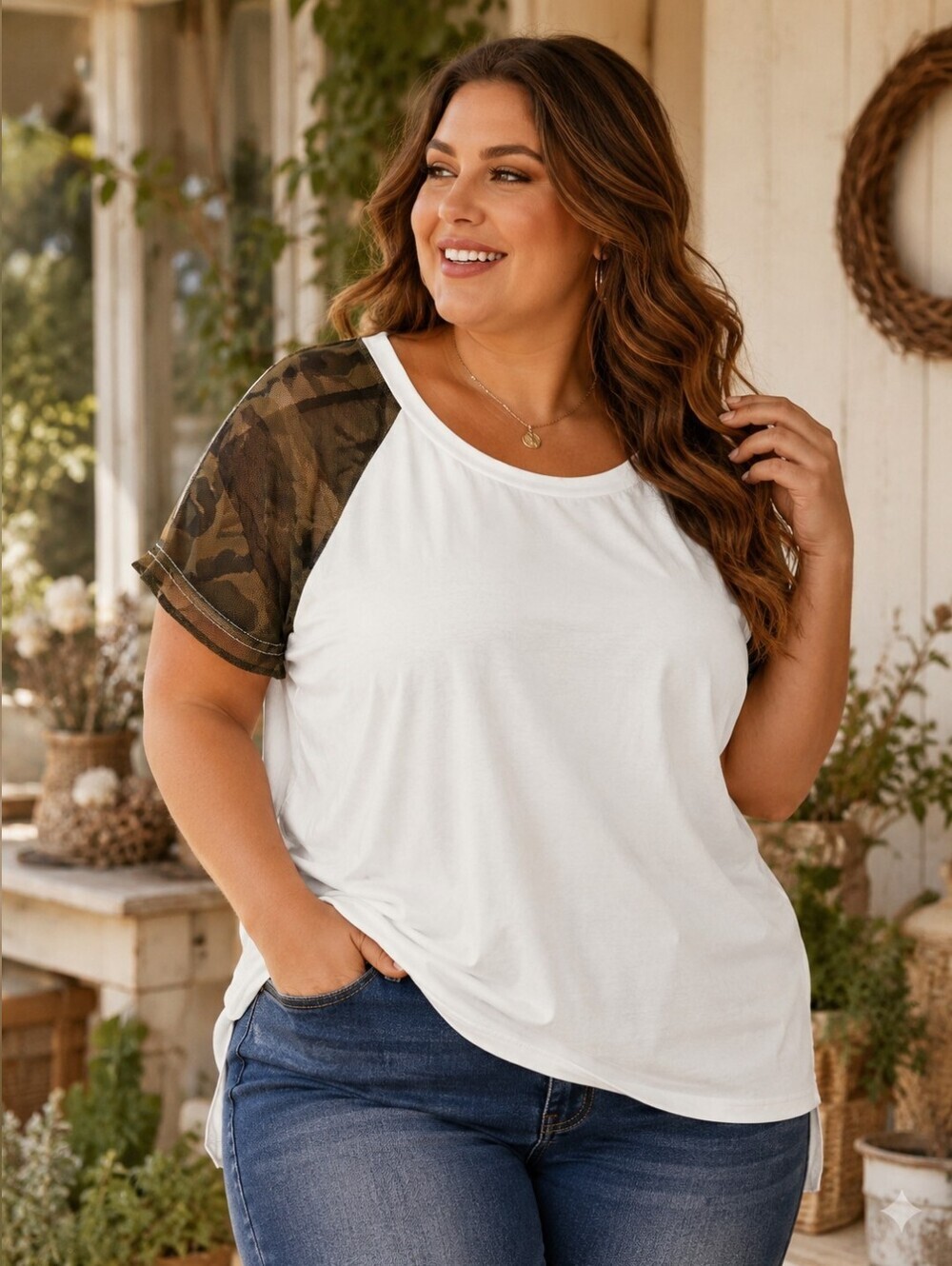 🤍 Acting Pro White Tee with Sheer Camo Mesh Raglan Sleeves | Size 2X
